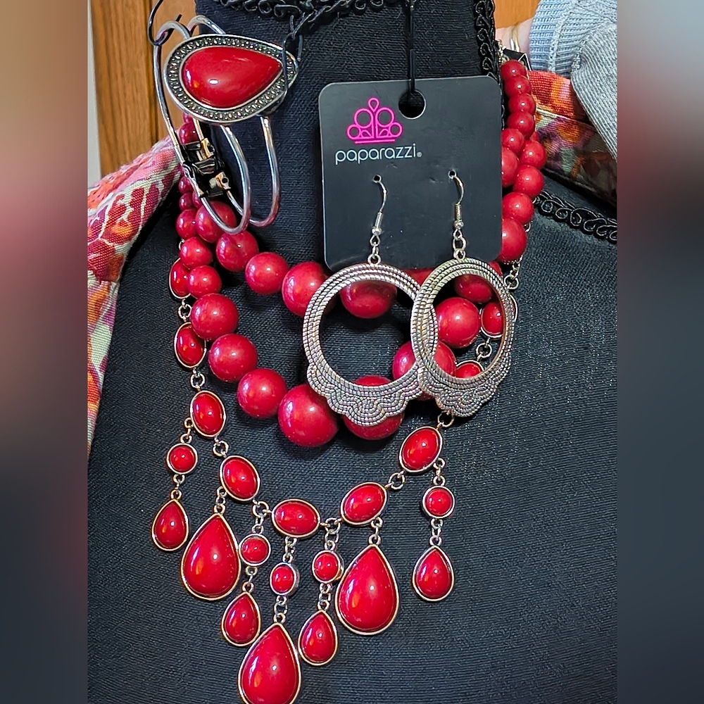 Boho Vibe  Red Chunky Necklace Set Brass W Ornate South West Cuff/Earrings